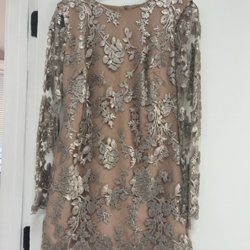 Dress the Population 'Grace' Sequin Lace Long Sleeve Shift Dress